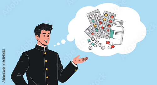 Young male student in a dark uniform thinking about a collection of different medicines including pills, tablets, and a bottle.