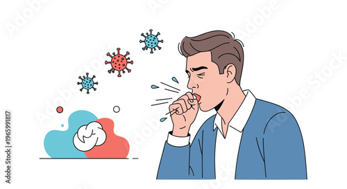Man in a blue jacket coughing into his fist with various colorful virus icons representing the spread of germs or illness.