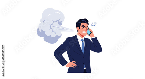Angry businessman wearing glasses and suit shouting on his smartphone while steam comes out from his head in frustration.