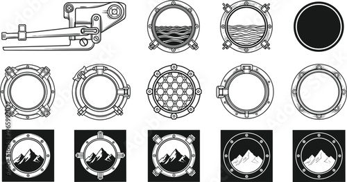 Vintage nautical porthole window set with sea waves and mountain peak views, antique maritime vessel brass port hole glass frames.