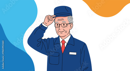 Friendly senior male technician or factory worker wearing blue uniform and cap while smiling and tipping his hat politely.