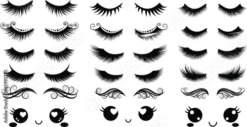 Cute eyelashes set, black vector lash extensions, closed eyes silhouette, curly lashes icons, beauty salon makeup art, long natural lashes.
