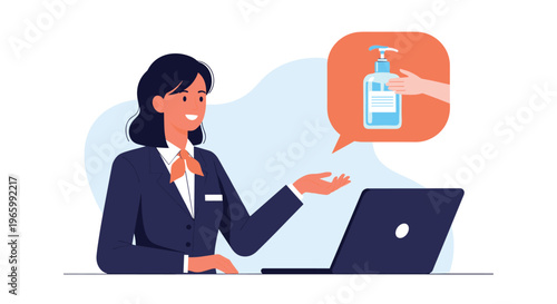 Female office receptionist or flight attendant in dark suit recommending the use of hand sanitizer for hygiene and safety.