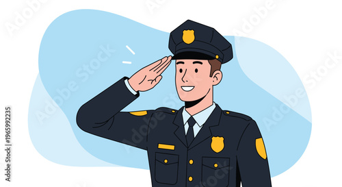 Young male police officer in dark blue uniform performing a formal salute with a proud smile on a light blue background.
