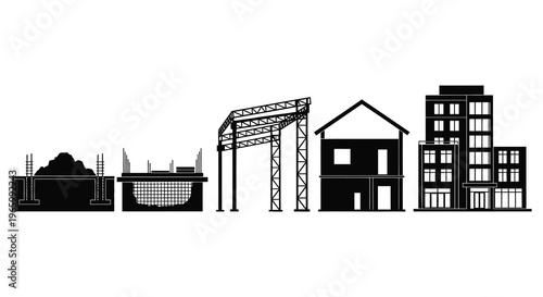 A black and white illustration depicts the progression of building construction from foundation to skyscraper silhouette high quality professional detailed modern