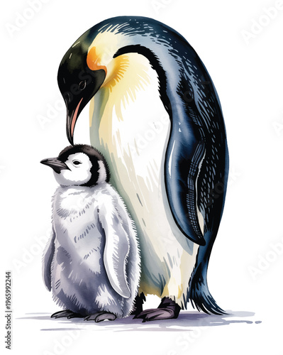 Loving penguin parent with baby chick in soft hand-painted watercolor.