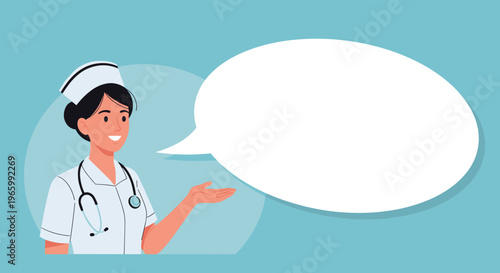 Friendly female nurse in white uniform and cap gesturing towards a large empty speech bubble for healthcare information.