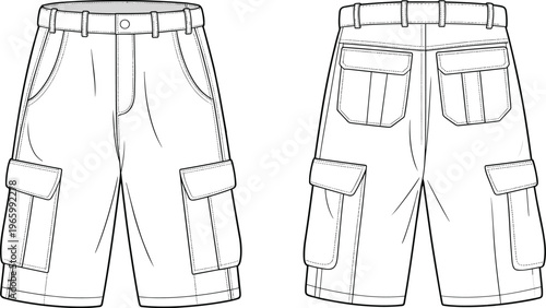Technical fashion illustration of cargo shorts front and back view, detailed stitching, flap pockets, garment design reference