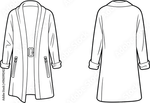 Technical fashion illustration of long coat with shawl collar, belt, zippered pockets, back seams, garment construction details