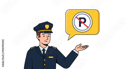 Friendly male police officer in dark blue uniform pointing toward a speech bubble showing a no parking sign.
