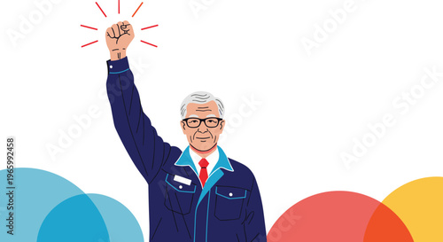 Determined senior male worker in blue overalls celebrating with a raised fist against a colorful abstract background.