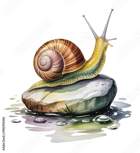 Detailed garden snail with spiral shell in soft hand-painted watercolor.
