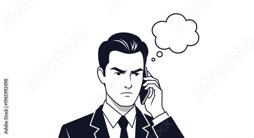 Suspicious businessman in suit talking on a smartphone while an empty thought bubble appears above his head.