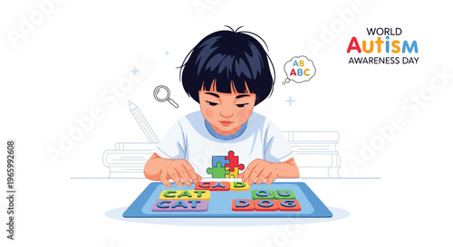 Young child playing with educational puzzle game for autism awareness