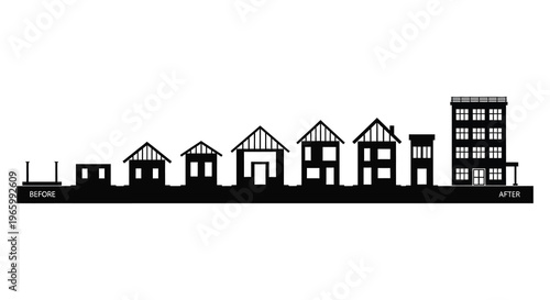 A black silhouette depicts the progression of house construction from foundation to completed building showcasing architectural growth silhouette high quality professional