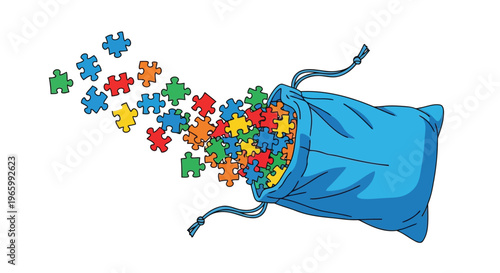 Blue bag spilling colorful puzzle pieces for autism awareness