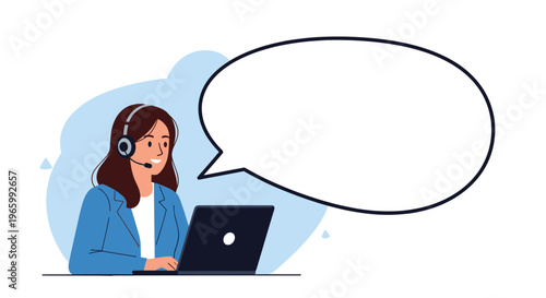 Professional female customer support agent wearing a headset and working on a laptop with an empty speech bubble.