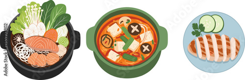 Asian Food Collection Featuring Ramen Soup, Vegetable Stew, and Grilled Chicken Dishes in Flat Vector Illustration Isolated on White Background