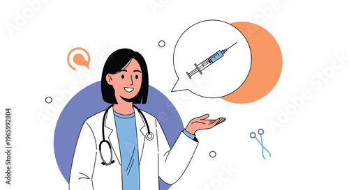 Smiling female doctor in white lab coat gesturing towards a speech bubble containing a medical syringe for vaccination.