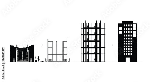 A graphic depiction showcases the progressive stages of building construction evolving from ruins to a completed structure silhouette high quality professional