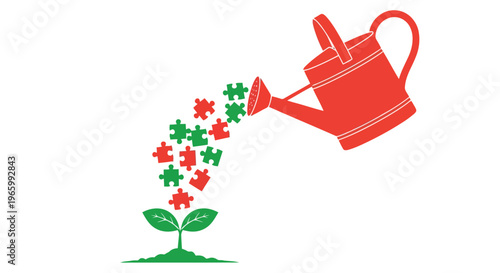 Red watering can pouring puzzle pieces onto growing green plant sprout