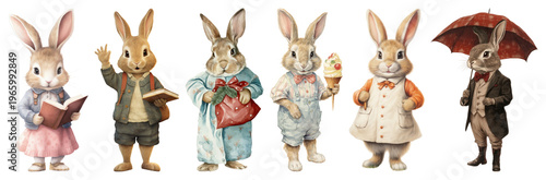 PNG Charming rabbits in vintage attire, transparent background