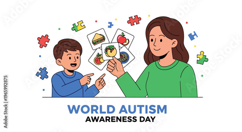 Teacher showing food flashcards to young boy for autism awareness day