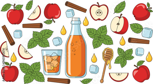 Apple cider drink with cinnamon mint honey and ice cubes vector illustration fresh autumn beverage ingredients composition set