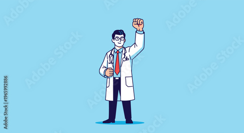 Successful male doctor in a white lab coat celebrating a medical breakthrough with a determined raised fist.