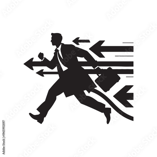 Silhouette of a businessman running with a briefcase amidst a flurry of directional arrows indicating rapid movement Keywords
