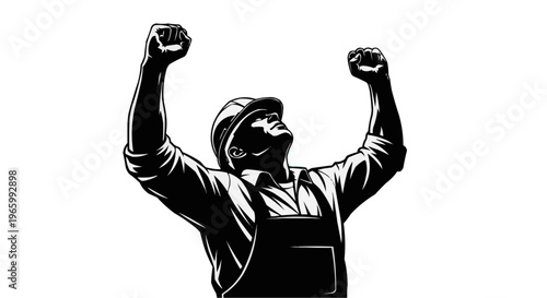 A triumphant worker in silhouette celebrates victory