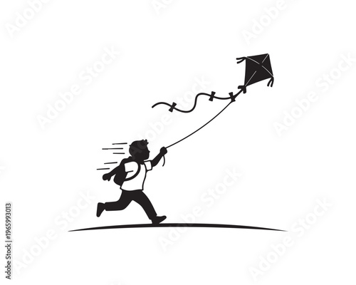 Silhouette of a child running with a kite flying in the wind, depicted with motion lines, against a white background, conveying