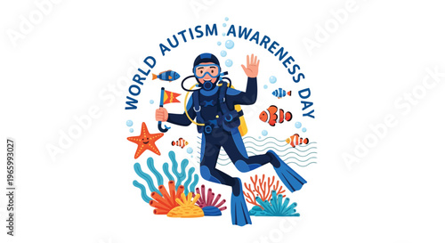 Scuba diver waving underwater for world autism awareness day theme