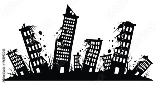 A stark depiction of ruined city buildings against a white background rendered as a dramatic silhouette high quality professional detailed modern
