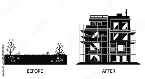 A stark contrast depicting a landscape evolving into a modern building presented in a striking silhouette high quality professional detailed elegant
