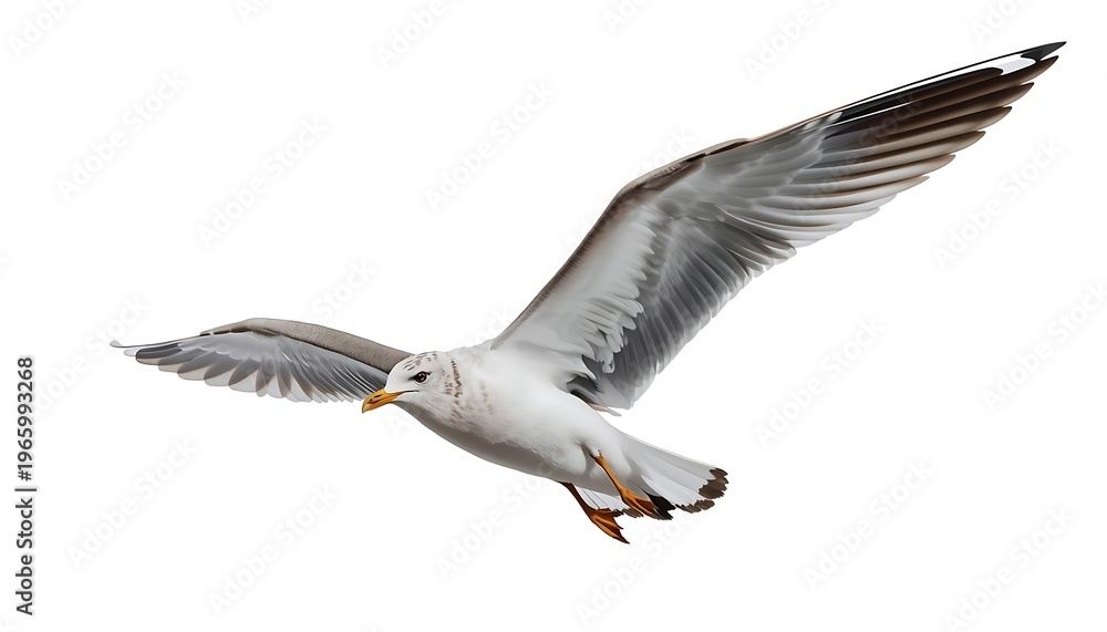 Obraz premium A sleek seagull in graceful flight, its wings fully extended as it glides effortlessly against a clean white backdrop.