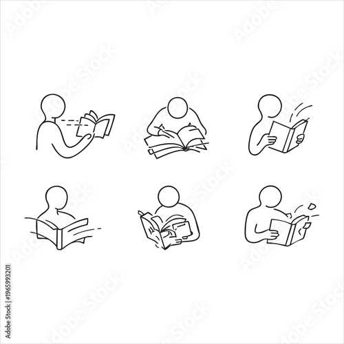 Person reading a book with open pages showing words flying out, simple line art style.