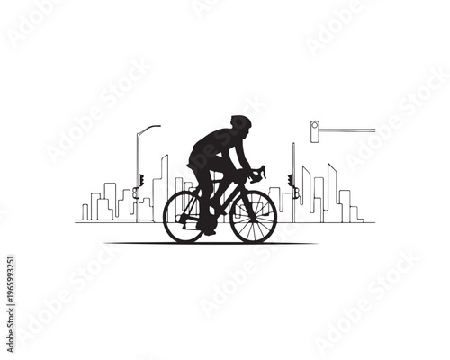 Silhouette of a cyclist riding a bicycle in front of a city skyline with traffic lights