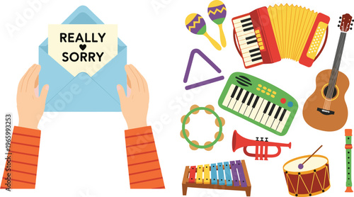 Hands holding apology letter in envelope with really sorry text alongside musical instruments set including guitar accordion trumpet drum and keyboard vector illustration.
