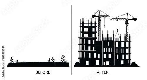 A stark contrast of a landscape before and after construction showcasing a building s rise as a silhouette high quality professional detailed