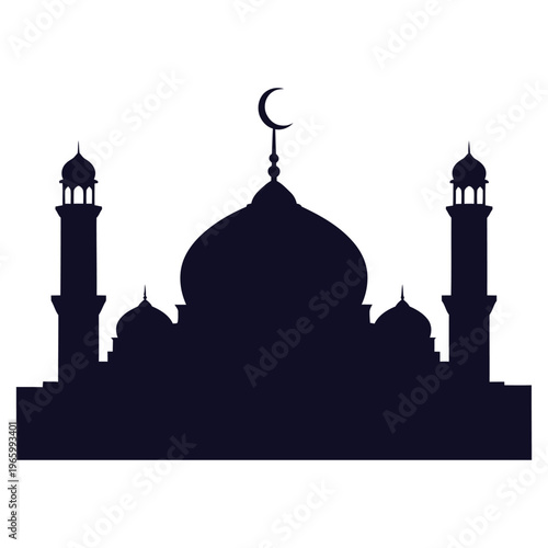 Mosque silhouette with crescent moon and star