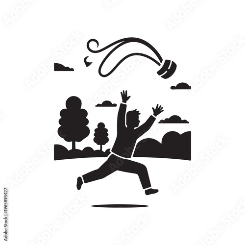 Silhouette of a person running with arms outstretched as a lasso or rope swings above them in a park-like setting with trees