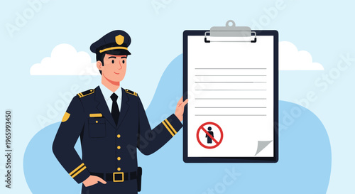 Police officer in a dark uniform holds up a large clipboard with a document featuring a no-entry icon for people.