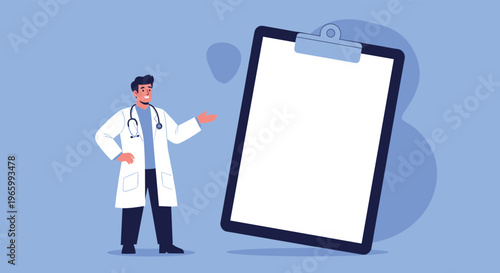 Male doctor in a white coat points to a large blank clipboard for custom medical reports or diagnostic information.