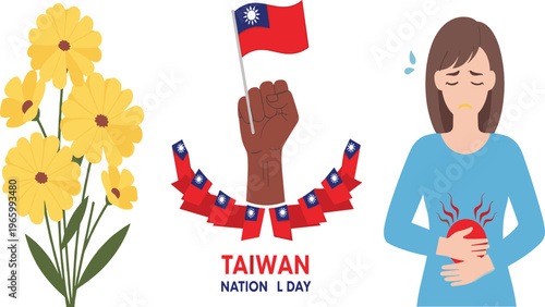 Taiwan National Day celebration flat vector icons with Taiwan flag hand and floral yellow flowers alongside woman character suffering from stomach ache or abdominal pain.