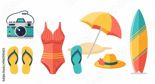 Beach vacation icons, summer accessories, swimwear, surfboard, umbrella