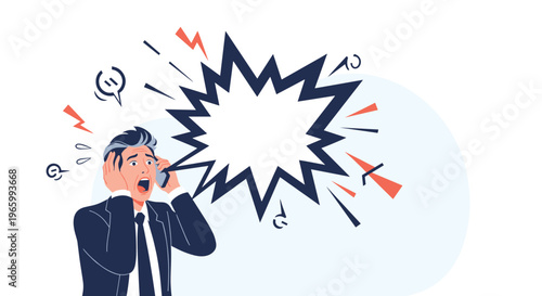 Stressed businessman in a suit shouting into a mobile phone while a jagged explosive speech bubble appears next to his head.