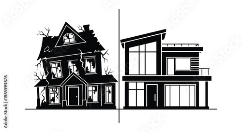 A stark contrast between a dilapidated haunted house and a modern dwelling presented as a silhouette high quality professional detailed elegant