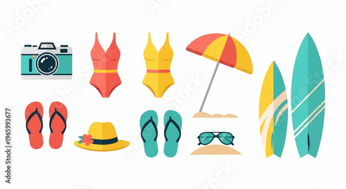 Beach vacation icons, summer symbols, surfboard, sunglasses, flip flops