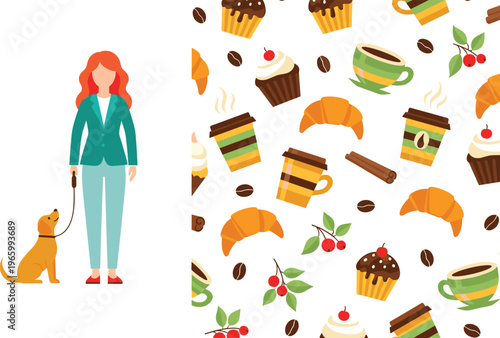 Professional woman character walking her dog on a leash alongside a seamless coffee and bakery pattern featuring take away cups croissants cupcakes and coffee beans.